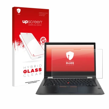 Vorderseite einer Produktverpackung mit dem Markenlogo upscreen. Daneben ist das Gerät Lenovo ThinkPad Yoga X380 mit dem zugeh