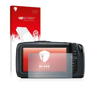 Vorderseite einer Produktverpackung mit dem Markenlogo upscreen. Daneben ist das Gerät Blackmagic Pocket Cinema Camera 4K mit 