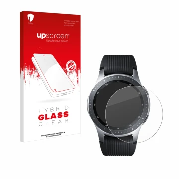 Vorderseite einer Produktverpackung mit dem Markenlogo upscreen. Daneben ist das Gerät Samsung Galaxy Watch (46 mm) mit dem zu