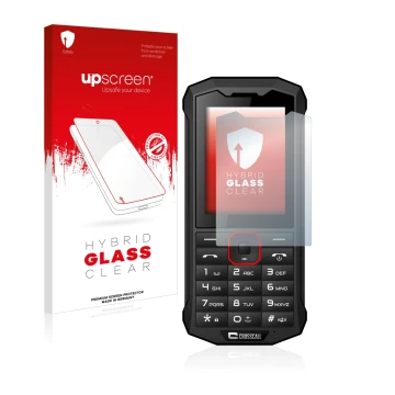 Vorderseite einer Produktverpackung mit dem Markenlogo upscreen. Daneben ist das Gerät Crosscall Spider X4 mit dem zugehörigen