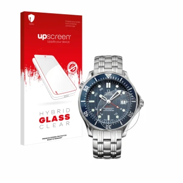 Vorderseite einer Produktverpackung mit dem Markenlogo upscreen. Daneben ist das Gerät Omega Seamaster Diver (41 mm) mit dem z