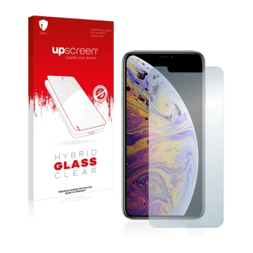 Vorderseite einer Produktverpackung mit dem Markenlogo upscreen. Daneben ist das Gerät Apple iPhone Xs Max mit dem zugehörigen
