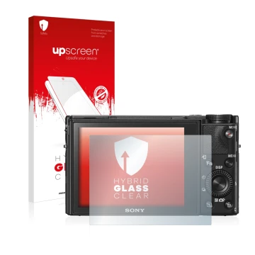 Vorderseite einer Produktverpackung mit dem Markenlogo upscreen. Daneben ist das Gerät Sony Cyber-Shot DSC-RX100 VI mit dem zu