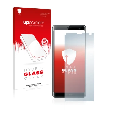 Vorderseite einer Produktverpackung mit dem Markenlogo upscreen. Daneben ist das Gerät Sony Xperia XZ3 mit dem zugehörigen Dis