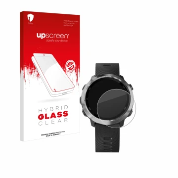 Vorderseite einer Produktverpackung mit dem Markenlogo upscreen. Daneben ist das Gerät Garmin Forerunner 645 Music mit dem zug