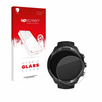 Vorderseite einer Produktverpackung mit dem Markenlogo upscreen. Daneben ist das Gerät Suunto 9 mit dem zugehörigen Displaysch