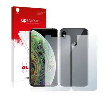 Vorderseite einer Produktverpackung mit dem Markenlogo upscreen. Daneben ist das Gerät Apple iPhone Xs (Display+Rückseite) mit