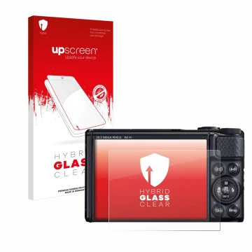 Vorderseite einer Produktverpackung mit dem Markenlogo upscreen. Daneben ist das Gerät Canon PowerShot SX740 HS mit dem zugehö