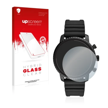 Vorderseite einer Produktverpackung mit dem Markenlogo upscreen. Daneben ist das Gerät Fossil Q Explorist HR (4.Gen) mit dem z