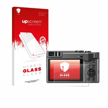 Vorderseite einer Produktverpackung mit dem Markenlogo upscreen. Daneben ist das Gerät Panasonic Lumix DC-TZ90 mit dem zugehör