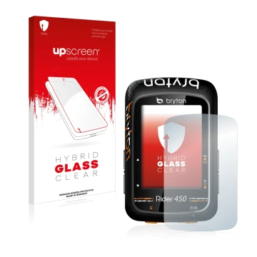 Vorderseite einer Produktverpackung mit dem Markenlogo upscreen. Daneben ist das Gerät Bryton Rider 450 mit dem zugehörigen Di