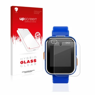 Vorderseite einer Produktverpackung mit dem Markenlogo upscreen. Daneben ist das Gerät Vtech Kidizoom Smart Watch DX2 mit dem 