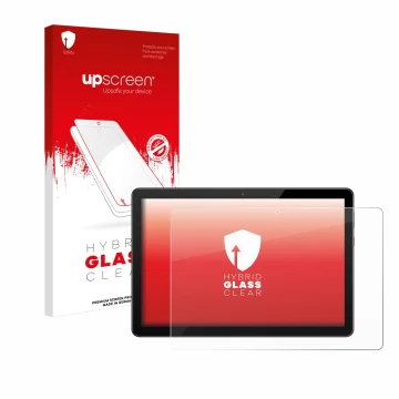 Vorderseite einer Produktverpackung mit dem Markenlogo upscreen. Daneben ist das Gerät Huawei MediaPad T5 10 mit dem zugehörig