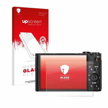 Vorderseite einer Produktverpackung mit dem Markenlogo upscreen. Daneben ist das Gerät Sony Cyber-Shot DSC-HX99 mit dem zugehö
