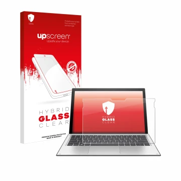 Vorderseite einer Produktverpackung mit dem Markenlogo upscreen. Daneben ist das Gerät HP Elite x2 1013 G3 mit dem zugehörigen