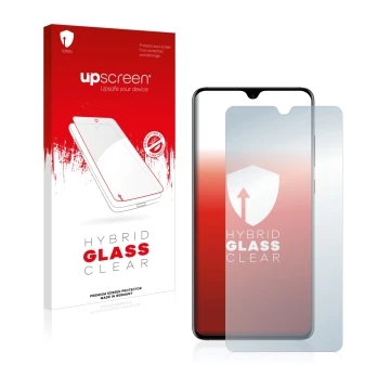 Vorderseite einer Produktverpackung mit dem Markenlogo upscreen. Daneben ist das Gerät Huawei Mate 20 mit dem zugehörigen Disp