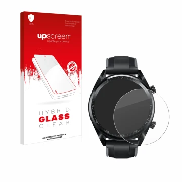 Vorderseite einer Produktverpackung mit dem Markenlogo upscreen. Daneben ist das Gerät Huawei Watch GT (46 mm) 2018 mit dem zu