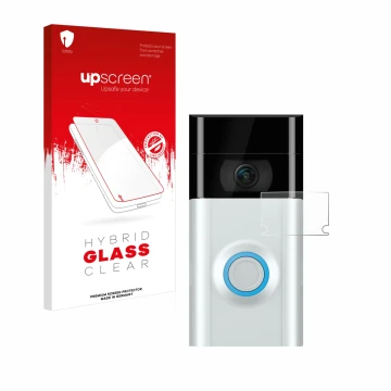 Vorderseite einer Produktverpackung mit dem Markenlogo upscreen. Daneben ist das Gerät Ring Doorbell 2 (Linse) mit dem zugehör