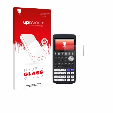 Vorderseite einer Produktverpackung mit dem Markenlogo upscreen. Daneben ist das Gerät Casio FX-CG50 mit dem zugehörigen Displ