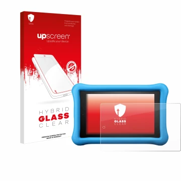 Vorderseite einer Produktverpackung mit dem Markenlogo upscreen. Daneben ist das Gerät Amazon Fire HD 8 Kids Edition 2018 (8. 