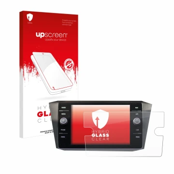 Vorderseite einer Produktverpackung mit dem Markenlogo upscreen. Daneben ist das Gerät Volkswagen Tiguan Discover Media 8