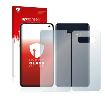 Vorderseite einer Produktverpackung mit dem Markenlogo upscreen. Daneben ist das Gerät Samsung Galaxy S10e (Display+Rückseite)