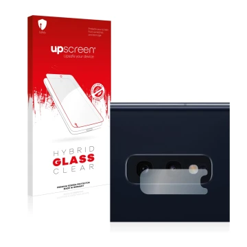 Vorderseite einer Produktverpackung mit dem Markenlogo upscreen. Daneben ist das Gerät Samsung Galaxy S10e (NUR Kameraschutz) 