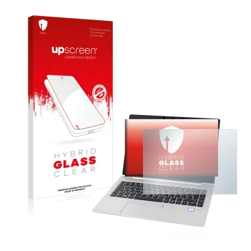 Vorderseite einer Produktverpackung mit dem Markenlogo upscreen. Daneben ist das Gerät HP EliteBook 830 G5 Non-Touch mit dem z