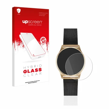 Vorderseite einer Produktverpackung mit dem Markenlogo upscreen. Daneben ist das Gerät Xlyne X-Watch Joli XW Pro mit dem zugeh