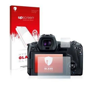 Vorderseite einer Produktverpackung mit dem Markenlogo upscreen. Daneben ist das Gerät Canon EOS R mit dem zugehörigen Display