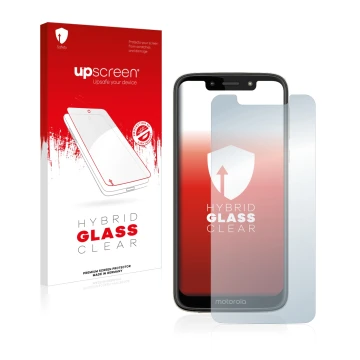 Vorderseite einer Produktverpackung mit dem Markenlogo upscreen. Daneben ist das Gerät Motorola Moto G7 Play mit dem zugehörig