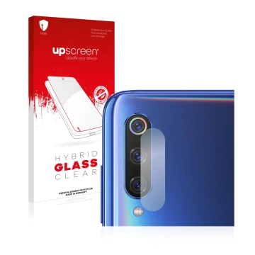 Vorderseite einer Produktverpackung mit dem Markenlogo upscreen. Daneben ist das Gerät Xiaomi Mi 9 (NUR Kameraschutz) mit dem 