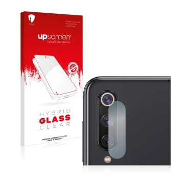 Vorderseite einer Produktverpackung mit dem Markenlogo upscreen. Daneben ist das Gerät Xiaomi Mi 9 SE (NUR Kameraschutz) mit d