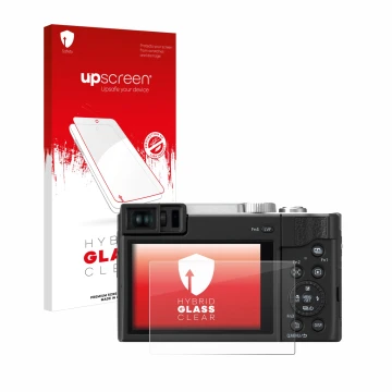 Vorderseite einer Produktverpackung mit dem Markenlogo upscreen. Daneben ist das Gerät Panasonic Lumix DC-TZ96 mit dem zugehör