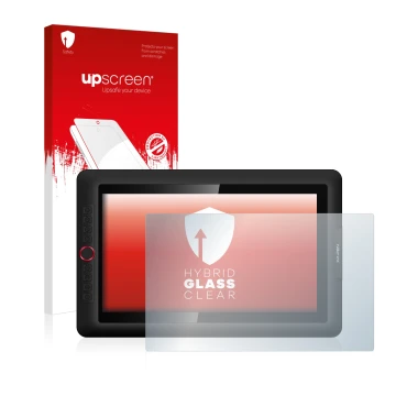 Vorderseite einer Produktverpackung mit dem Markenlogo upscreen. Daneben ist das Gerät XP-Pen Artist 15.6 Pro mit dem zugehöri