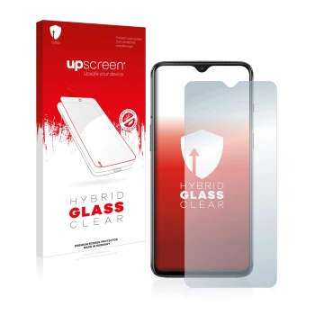 Vorderseite einer Produktverpackung mit dem Markenlogo upscreen. Daneben ist das Gerät OnePlus 7 mit dem zugehörigen Displaysc