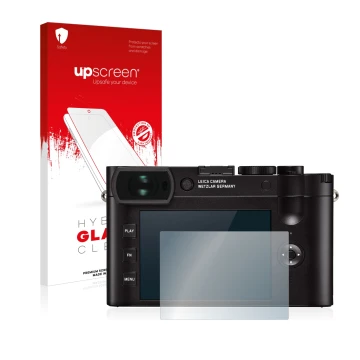 Vorderseite einer Produktverpackung mit dem Markenlogo upscreen. Daneben ist das Gerät Leica Q2 mit dem zugehörigen Displaysch