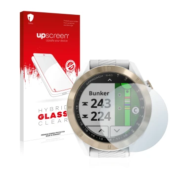 Vorderseite einer Produktverpackung mit dem Markenlogo upscreen. Daneben ist das Gerät Garmin Approach S40 mit dem zugehörigen