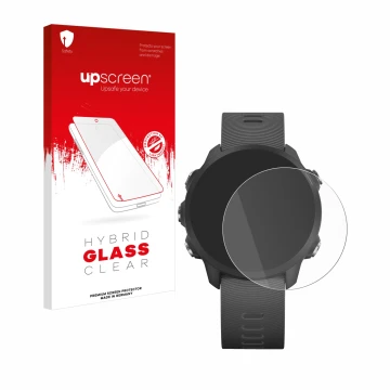 Vorderseite einer Produktverpackung mit dem Markenlogo upscreen. Daneben ist das Gerät Garmin Forerunner 245 Music mit dem zug