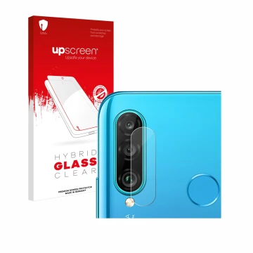 Vorderseite einer Produktverpackung mit dem Markenlogo upscreen. Daneben ist das Gerät Huawei P30 lite (NUR Kameraschutz) mit 