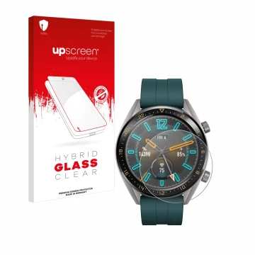 Vorderseite einer Produktverpackung mit dem Markenlogo upscreen. Daneben ist das Gerät Huawei Watch GT Active mit dem zugehöri
