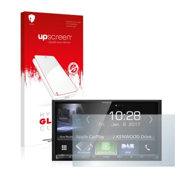 Vorderseite einer Produktverpackung mit dem Markenlogo upscreen. Daneben ist das Gerät Kenwood DMX7017DABS mit dem zugehörigen