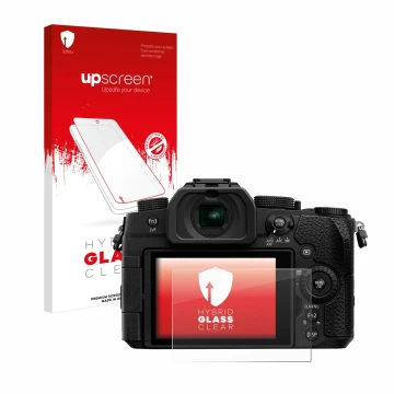 Vorderseite einer Produktverpackung mit dem Markenlogo upscreen. Daneben ist das Gerät Panasonic Lumix DC-G91 mit dem zugehöri