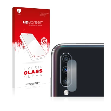 Vorderseite einer Produktverpackung mit dem Markenlogo upscreen. Daneben ist das Gerät Samsung Galaxy A70 (NUR Kameraschutz) m