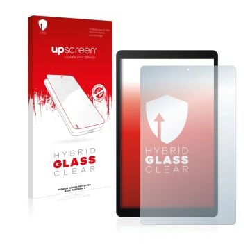 Vorderseite einer Produktverpackung mit dem Markenlogo upscreen. Daneben ist das Gerät Samsung Galaxy Tab A 10.1 2019 mit dem 