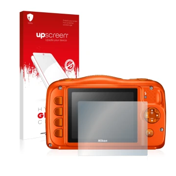 Vorderseite einer Produktverpackung mit dem Markenlogo upscreen. Daneben ist das Gerät Nikon Coolpix W150 mit dem zugehörigen 