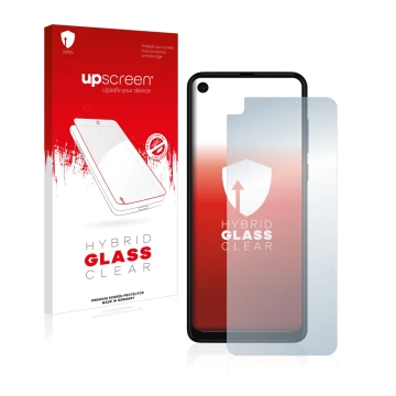 Vorderseite einer Produktverpackung mit dem Markenlogo upscreen. Daneben ist das Gerät Motorola One Vision mit dem zugehörigen