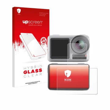 Vorderseite einer Produktverpackung mit dem Markenlogo upscreen. Daneben ist das Gerät DJI Osmo Action mit dem zugehörigen Dis