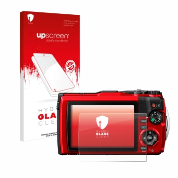 Vorderseite einer Produktverpackung mit dem Markenlogo upscreen. Daneben ist das Gerät Olympus Tough TG-6 mit dem zugehörigen 