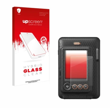 Vorderseite einer Produktverpackung mit dem Markenlogo upscreen. Daneben ist das Gerät Fujifilm Instax Mini LiPlay mit dem zug
